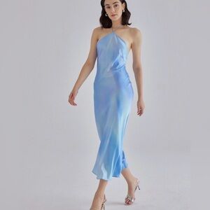 Silk Madison Chilly Lapis Halterneck Midi Silk Dress (Water Wave/Blue Ombre) xs